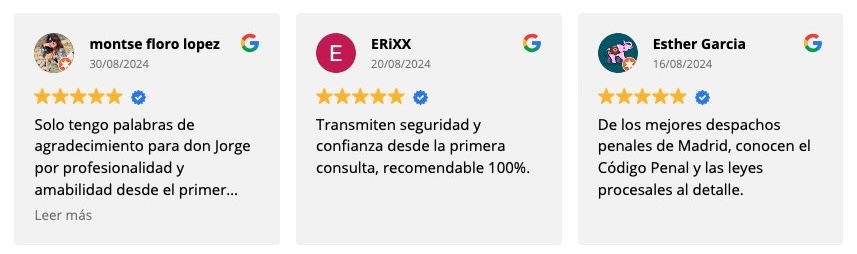 Valoraciones Google del servicio de abogados penalistas en Madrid
